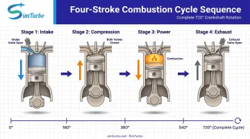 Four-stroke combustion cycle sequence showing intake compression power and exhaust stages