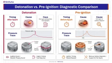 Detonation versus pre-ignition comparison showing timing causes and engine damage patterns