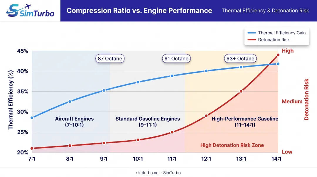 Compression ratio impact on thermal efficiency and detonation risk comparison chart