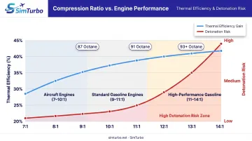 Compression ratio impact on thermal efficiency and detonation risk comparison chart