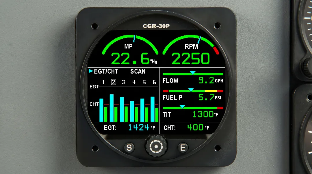 Aircraft piston engine cylinder head temperature gauge and monitoring instrumentation in cockpit
