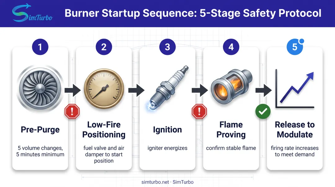 Five-stage burner startup sequence from pre-purge to modulation with safety interlocks