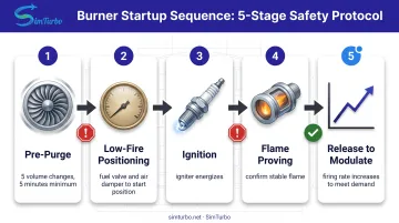 Five-stage burner startup sequence from pre-purge to modulation with safety interlocks