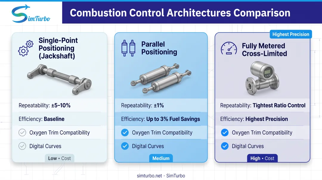 Three combustion control system types comparison showing jackshaft parallel positioning and fully metered