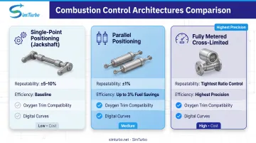Three combustion control system types comparison showing jackshaft parallel positioning and fully metered