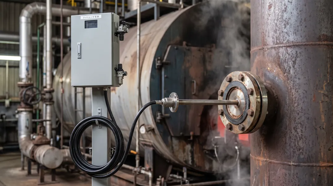 Flue gas oxygen analyzer sensor installed in industrial boiler stack measuring combustion efficiency