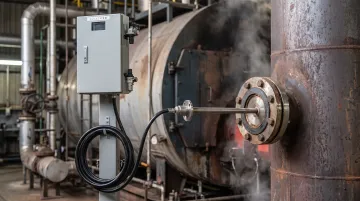 Flue gas oxygen analyzer sensor installed in industrial boiler stack measuring combustion efficiency
