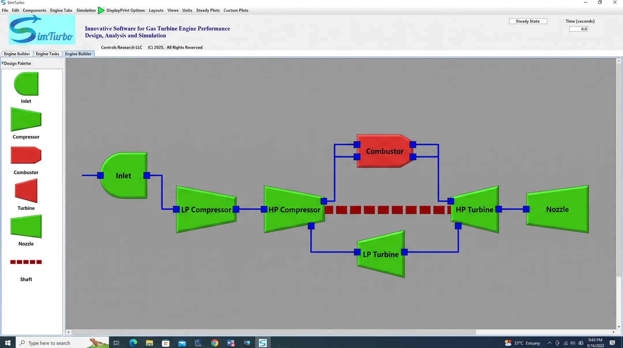 SimTurbo software interface showing drag and drop turbine engine model builder
