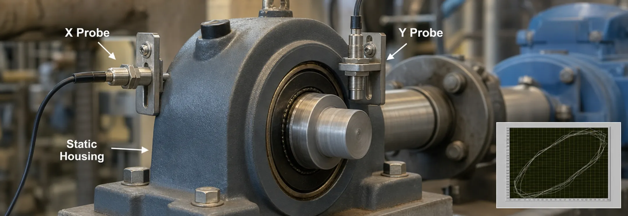 Proximity probe and accelerometer mounted on turbine bearing housing for vibration monitoring