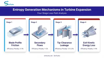 Second Law entropy generation sources in turbine expansion from inlet to exit