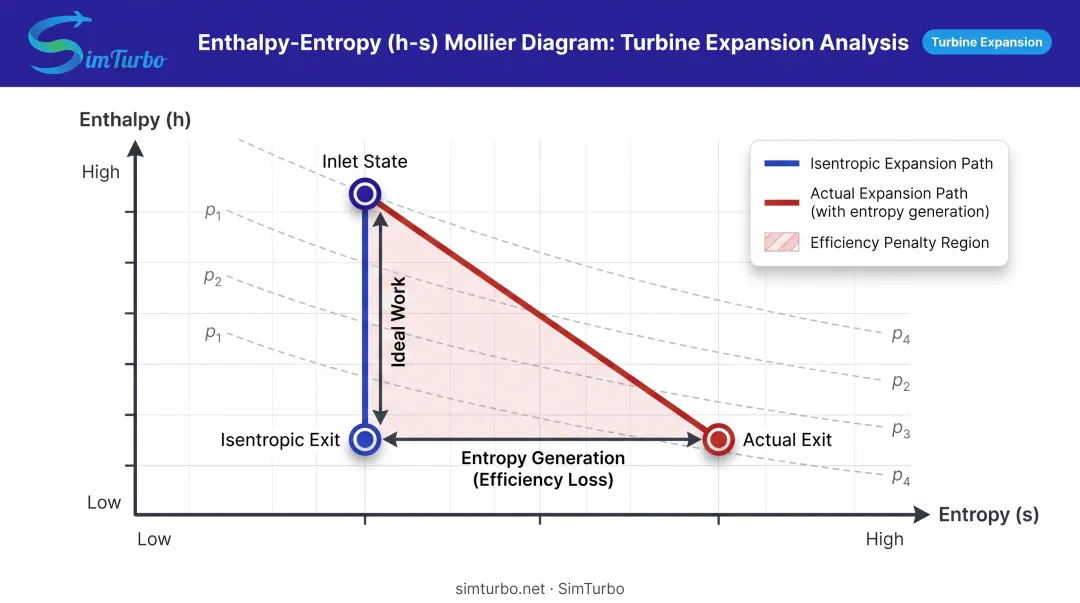 Enthalpy-entropy Mollier diagram showing ideal versus actual turbine expansion paths