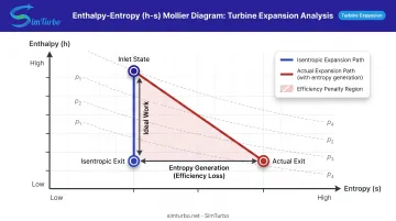 Enthalpy-entropy Mollier diagram showing ideal versus actual turbine expansion paths