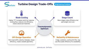 Four-quadrant turbine design trade-offs matrix showing efficiency versus practical constraints