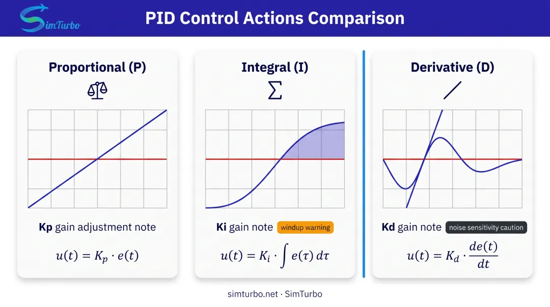 Three PID control action components proportional integral derivative explained with graphs