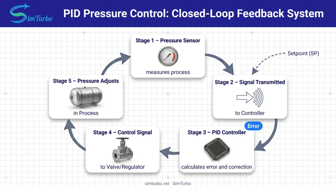 PID pressure control closed-loop feedback system diagram showing sensor to controller to valve flow
