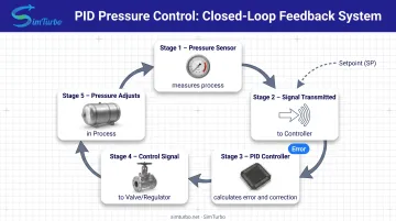 PID pressure control closed-loop feedback system diagram showing sensor to controller to valve flow