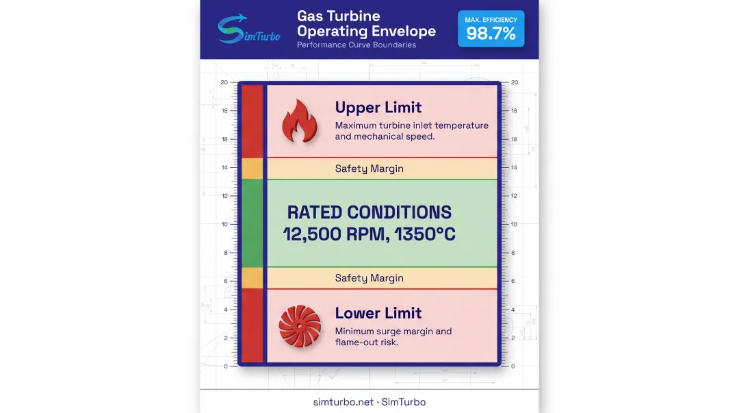 Gas turbine operating range showing upper and lower boundary limits