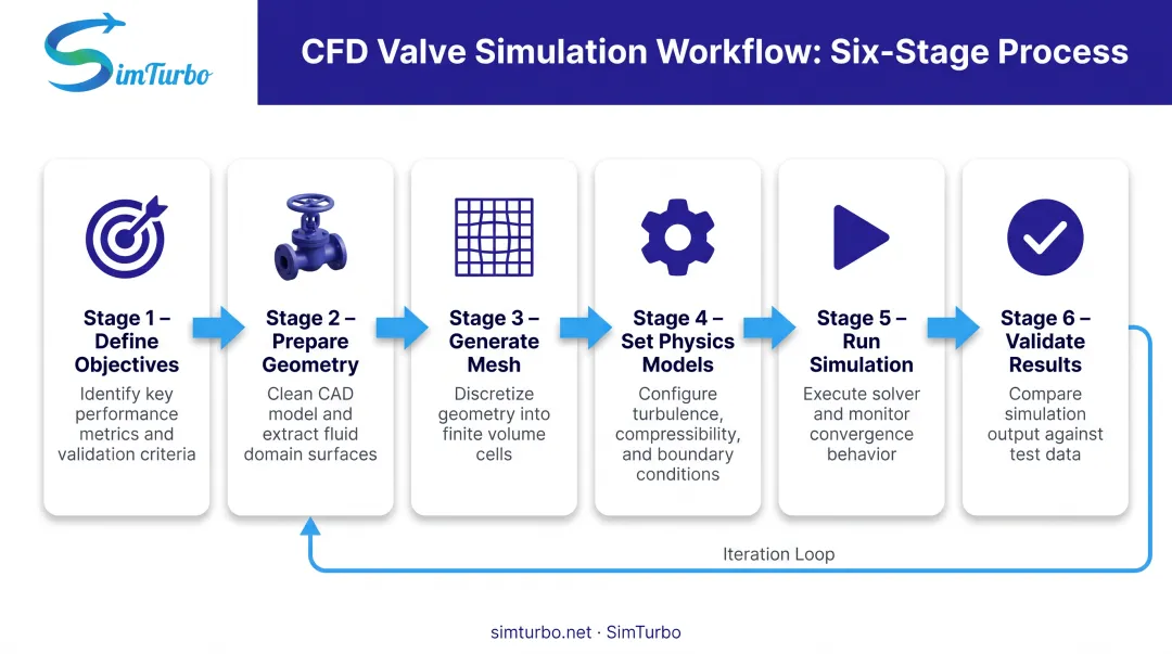 CFD valve simulation workflow from geometry preparation through validation in 6 steps