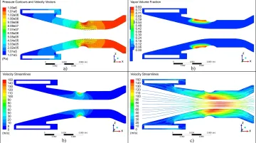 CFD post-processing visualization showing pressure contours velocity vectors and cavitation zones in valve