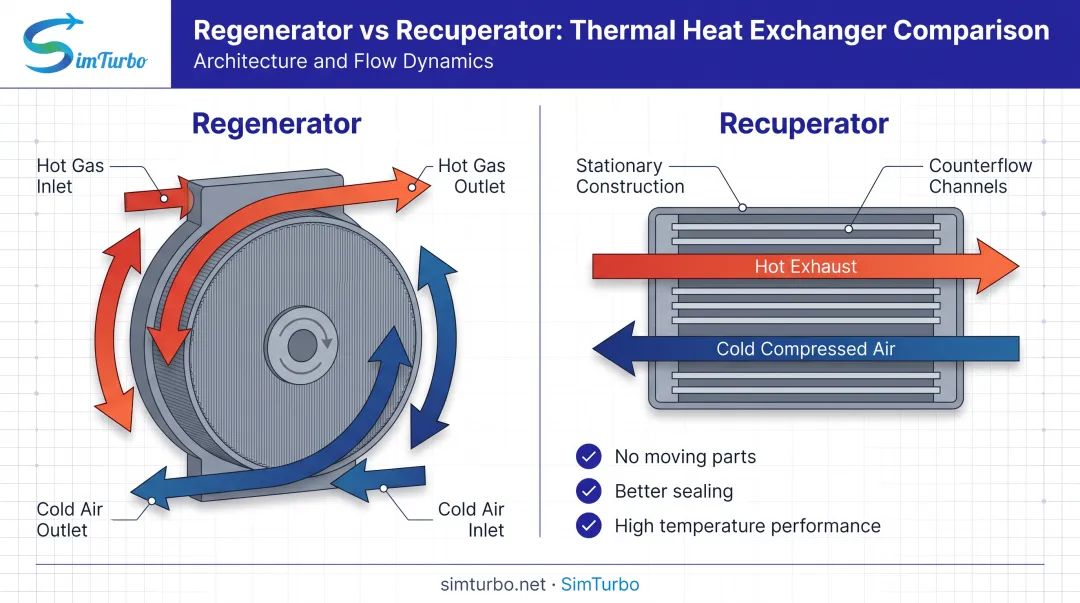Regenerator versus recuperator heat exchanger design comparison side-by-side diagram