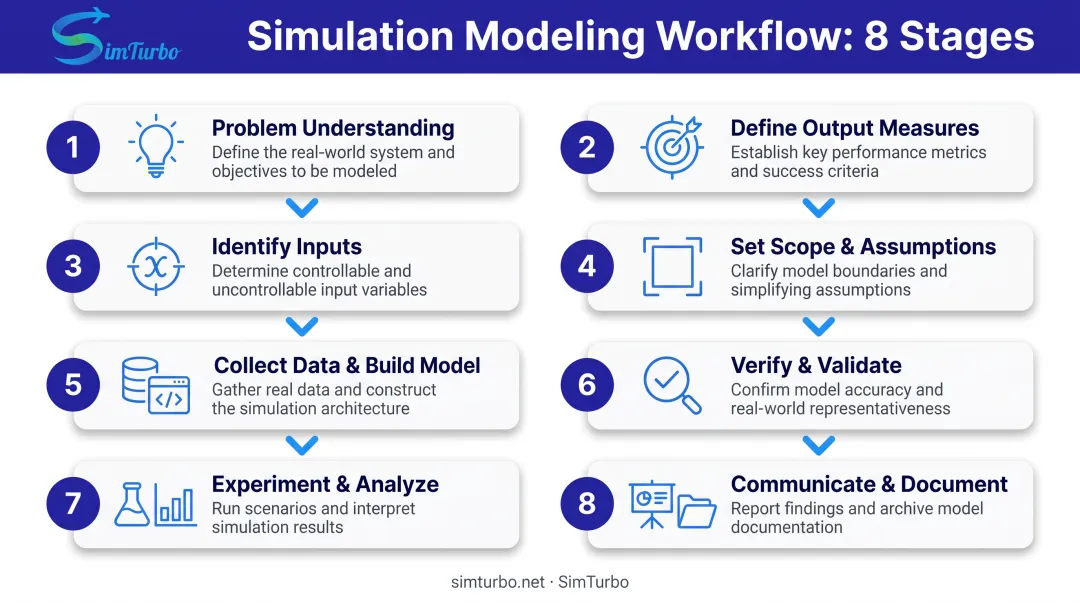8-step simulation modeling workflow process from problem definition to implementation and documentation
