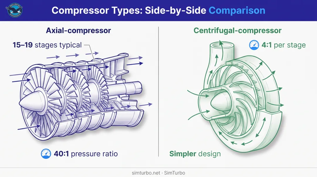 Axial versus centrifugal compressor architecture comparison showing airflow paths and stage arrangement