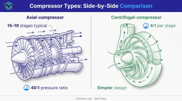 Axial versus centrifugal compressor architecture comparison showing airflow paths and stage arrangement
