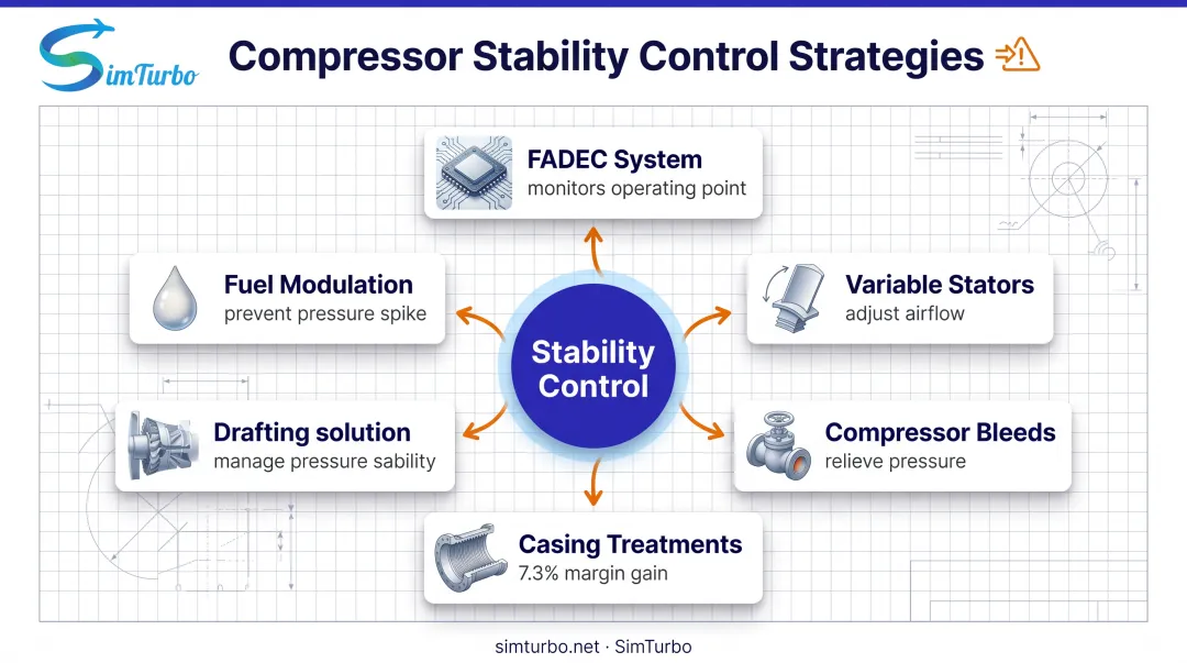 Compressor stall and surge prevention strategies flowchart with five control methods