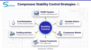 Compressor stall and surge prevention strategies flowchart with five control methods