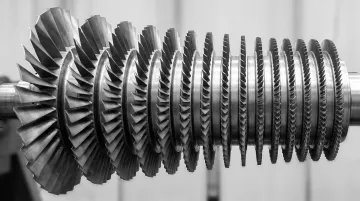 Industrial gas turbine axial compressor rotor assembly showing multiple blade stages and decreasing blade height