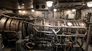 Naval destroyer gas turbine engine compartment showing marine propulsion system installation