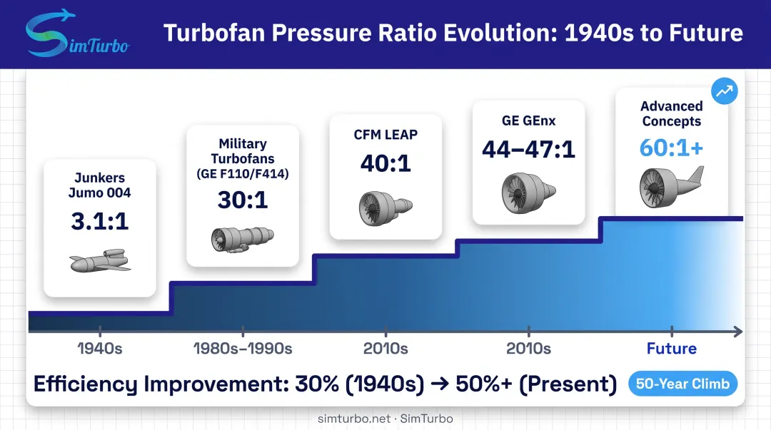 Historical evolution timeline of gas turbine pressure ratios from 1940s to present