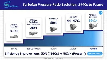Historical evolution timeline of gas turbine pressure ratios from 1940s to present