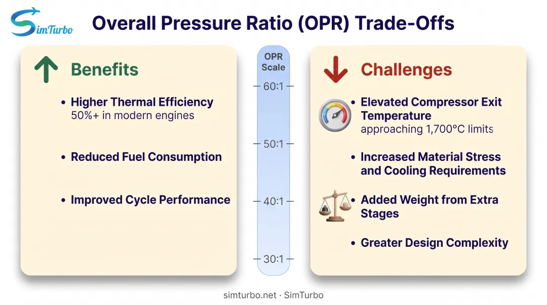Trade-offs of increasing overall pressure ratio showing efficiency gains versus design challenges