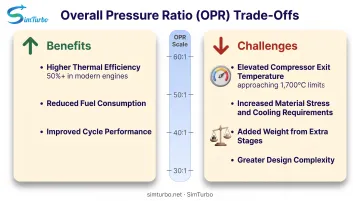Trade-offs of increasing overall pressure ratio showing efficiency gains versus design challenges