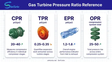 Four gas turbine pressure ratio types comparison chart with definitions and typical values