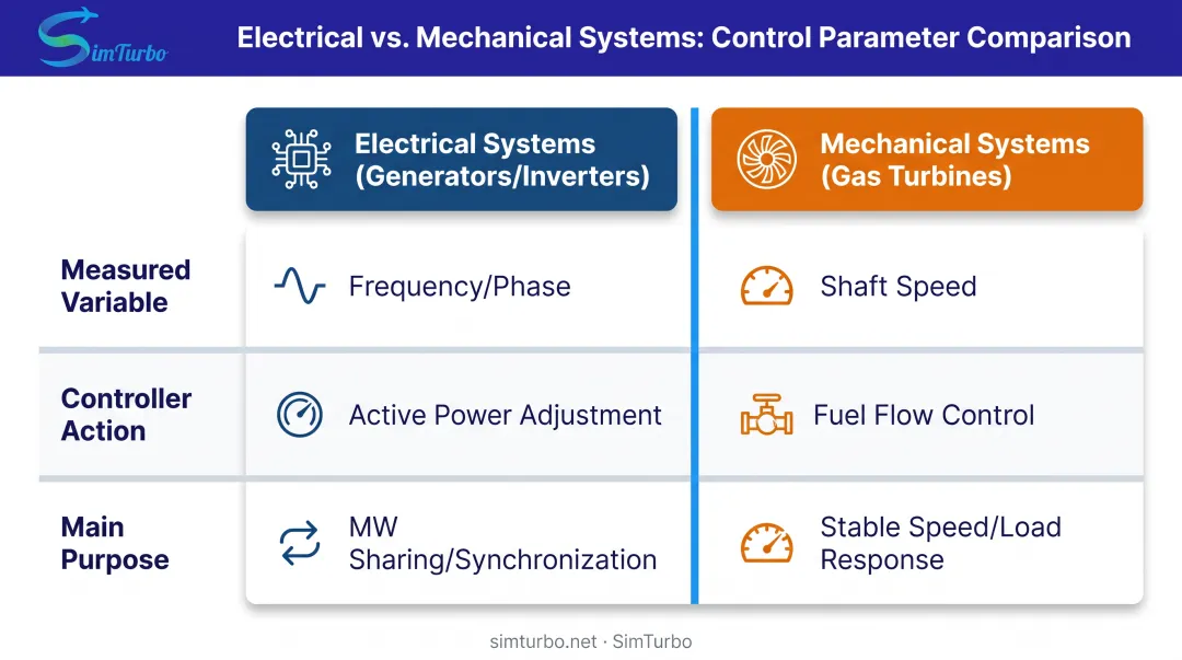 Comparison table of droop control in power systems versus gas turbine applications