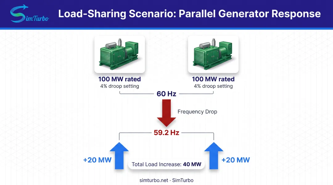 Two parallel generators load sharing example with frequency drop and proportional power increase