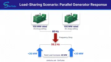 Two parallel generators load sharing example with frequency drop and proportional power increase
