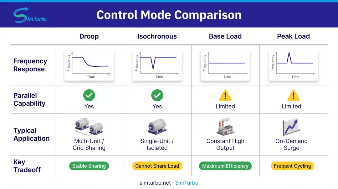 Four control modes comparison showing droop isochronous base load and peak load characteristics