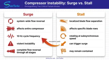 Surge versus stall comparison infographic showing system-wide flow reversal versus localized blade separation
