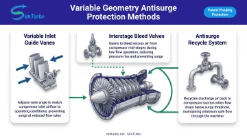 Variable geometry antisurge protection methods including inlet guide vanes bleed valves and recycle systems