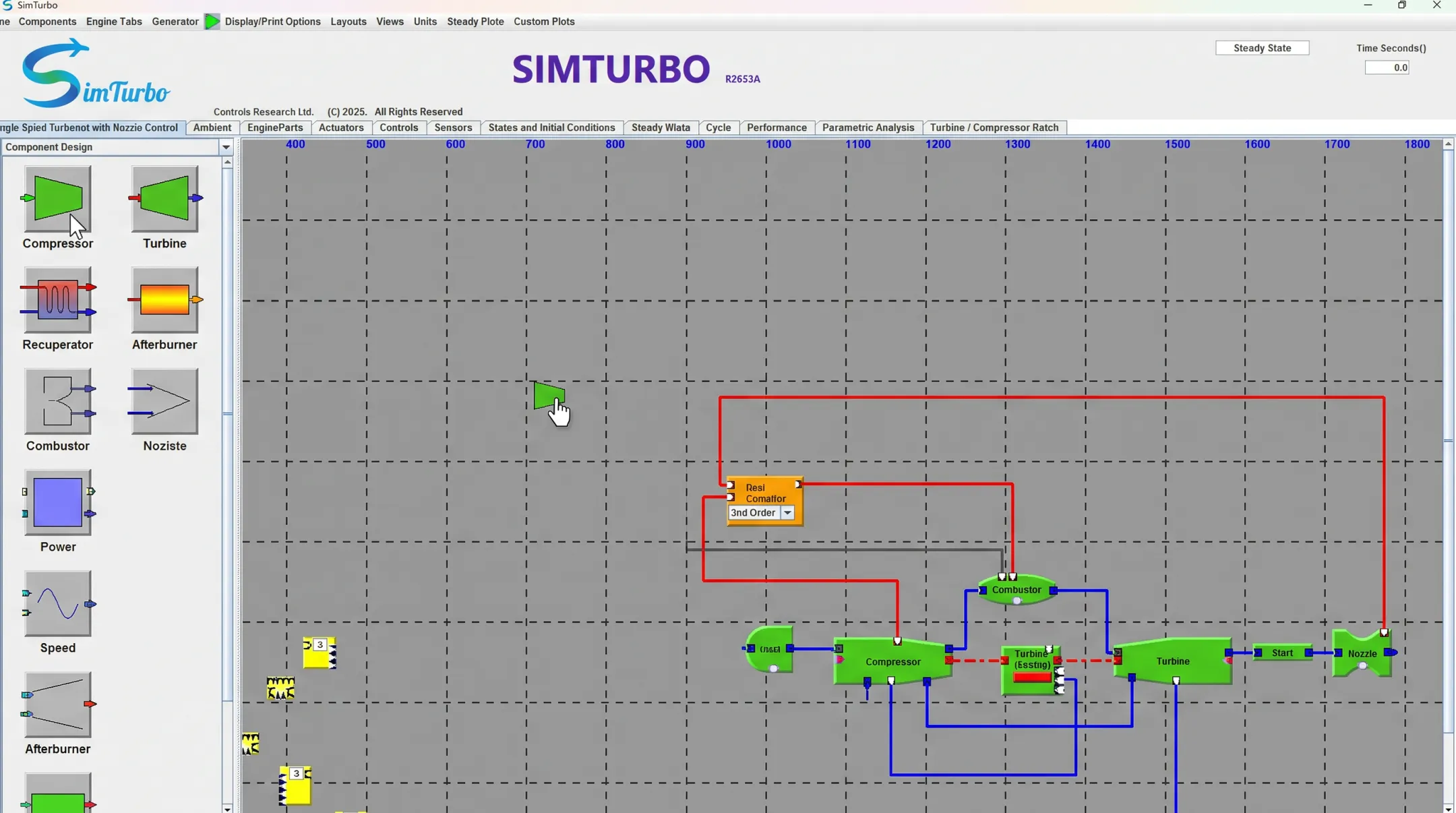 SimTurbo design palette showing drag-and-drop gas turbine engine components
