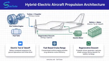 Hybrid-electric aircraft propulsion architecture showing battery gas turbine and electric motor integration
