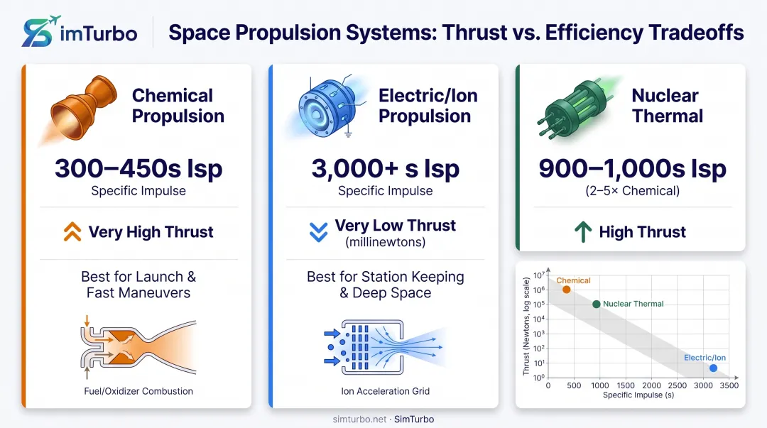Space propulsion system comparison chart showing chemical electric and nuclear thermal characteristics