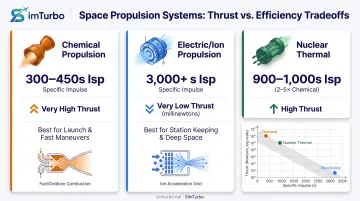 Space propulsion system comparison chart showing chemical electric and nuclear thermal characteristics