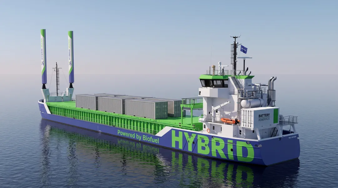 Modern container ship equipped with hybrid propulsion system and alternative fuel infrastructure