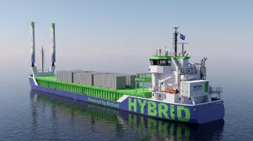 Modern container ship equipped with hybrid propulsion system and alternative fuel infrastructure