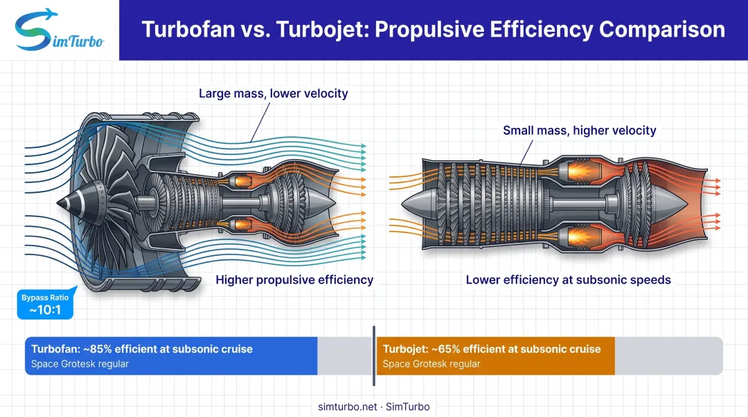 High-bypass turbofan versus turbojet efficiency and airflow comparison diagram