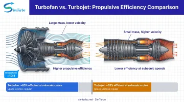 High-bypass turbofan versus turbojet efficiency and airflow comparison diagram